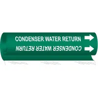 Green wrap-around pipe marker with white legend reading 'Condenser Water Return' and directional arrows. Fits pipe outer diameters from 1-1/2 to 2-3/8 inches. Used to identify condenser water return lines in HVAC and industrial cooling systems, aiding in pipe identification during operation or maintenance