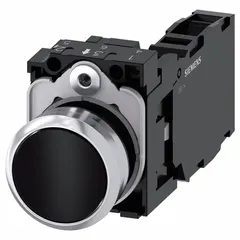 This Siemens flush-mount push button from the 3SU series features a momentary action and a non-metallic operator. It has a 22 mm flush profile with 1 normally open and 1 normally closed contact. Suitable for use in industrial control panels and machinery as a low-profile, corrosion-resistant control interface.