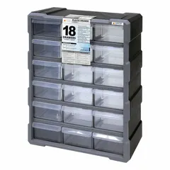 Stackable plastic cabinet with 18 clear polypropylene drawers for organizing small parts. Each drawer measures 5-1/2 in x 4-1/4 in x 2 in. Overall dimensions: 15 in x 6-1/4 in x 18-3/4 in. Suitable for workshops, assembly lines, and maintenance areas.