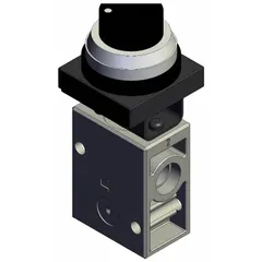 Shuttle valve with 2-position twist actuator, 3 ports, and 1/4 in NPT connections. Black actuator. Selects the higher of two input pressures to a single output for pneumatic control circuits.
