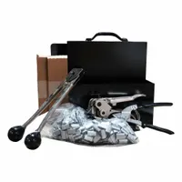 Portable strapping kit for tensioning, sealing, and cutting steel strapping. Fits 5/8 in strap width, 0.02 in thick, with 1,470 lb break strength. Includes oscillated strapping wind and 500 pusher seals. Suitable for industrial packaging, palletizing, and bundling applications