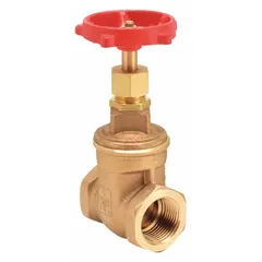 This bronze gate valve features a non-rising stem design and FNPT threaded ends. The bronze wedge and bonnet provide corrosion resistance. Rated for 300 psi CWP, it is used for on/off flow control in general-purpose plumbing, HVAC, and process piping systems.
