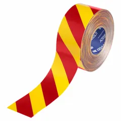 This extra-durable floor marking tape features a red/yellow striped pattern for high-visibility hazard marking. The 22 mil thick polyester backing provides resistance to heavy traffic and industrial wear. Commonly used to designate safety zones, walkways, and hazard areas in warehouses, factories, and plants.