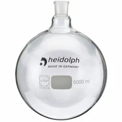Colorless round glass boiling flask with 500 mL capacity. Features a 24/40 compatible stopper size. Used as a component in rotary evaporators for solvent removal and concentration in laboratory distillation processes.