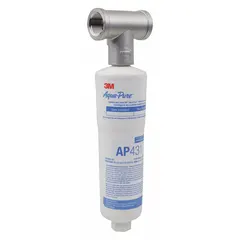 This whole house water filter system uses polyphosphate filter media to reduce scale buildup in pipes and appliances. It has a 10 1/4-inch overall height and is suitable for residential or light commercial applications.