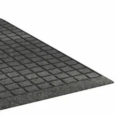 This heavy-duty indoor mat features a waffle pattern for scraping dirt and moisture from footwear in high-traffic entryways. Constructed from polypropylene and rubber, it measures 4 ft x 10 ft with a 3/8 in thickness in a charcoal color. Suitable for use in commercial and industrial settings to help maintain clean floors.