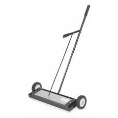 Push-type magnetic sweeper with a lever-type magnet release for collecting ferrous debris such as nuts, screws, and metal shavings. Magnet height of 1 3/4 in. Suitable for use on floors, parking lots, and warehouses.