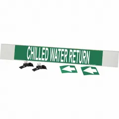 Green fiberglass carrier-mounted pipe marker with white legend text reading 'Chilled Water Return' and directional arrows. Designed for pipes with outer diameter 8 inches and larger, supplied as a single unit with strapping for installation. Used to identify chilled water return lines in HVAC and industrial cooling systems.