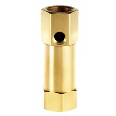 Brass inline check valve with 1/4 in female NPT connections on both ends. Allows flow in one direction only, preventing backflow in pneumatic systems. Rated for maximum pressure of 500 psi.