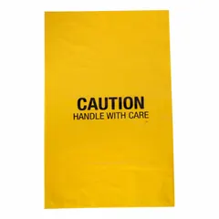 Polyethylene disposal bag for containing contaminated materials after spill cleanup. Yellow bag with 10-gallon capacity, 3-mil thickness, and gusset seal. Includes ties and features 'Caution Handle With Care' legend. Suitable for industrial spill response and hazardous waste containment.