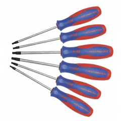 This 6-piece screwdriver set features magnetized Torx tips for secure engagement with Torx-head fasteners. Each tool has an overall length of 8 to 8-1/2 inches, suitable for general maintenance, assembly, and repair tasks in industrial settings.