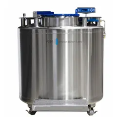 Stainless steel cryogenic storage system with 5 ft overall diameter. Includes Sentry Plus LN2 Controller for monitoring and control. Used for preserving biological samples and temperature-sensitive materials at cryogenic temperatures in laboratory and biobank settings.