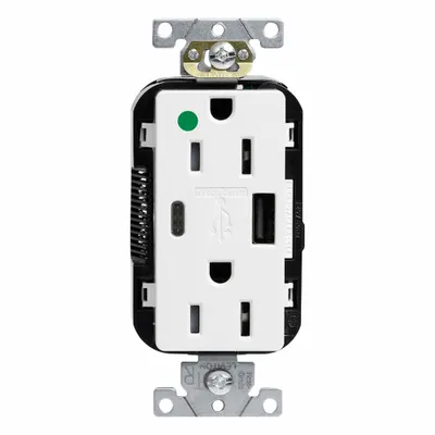 LEVITON Receptacle: Duplex, 5-15R, White, 125V AC - Hospital-Grade Receptacles with USB Chargers