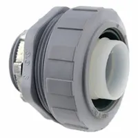 Straight plastic liquid-tight conduit fitting for connecting and sealing nonmetallic conduit to boxes and enclosures. 1 in trade size, gray finish. Suitable for industrial electrical installations requiring liquid-tight protection