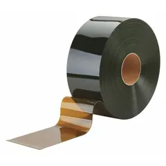 Smooth amber PVC strips in 12-inch width, supplied as a 200-foot roll. Suitable for use as flexible strip curtains in industrial doorways, workstations, and temperature-controlled areas to help contain temperature, reduce noise, and control dust while allowing visibility and passage. Minimum operating temperature 0°F.