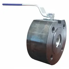 This BONOMI ball valve is a 3-inch, wafer-style, two-way valve with a one-piece A105 carbon steel body and Class 150 flange connections. It features a straight pattern and a locking lever handle for secure on/off flow control. Suitable for industrial piping systems handling water, oil, gas, or steam.