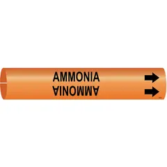 Single ammonia pipe marker for pipe outer diameters of 4 to 6 inches. Includes directional arrows to indicate flow direction. Snap-on design for quick installation on ammonia piping systems in industrial facilities.