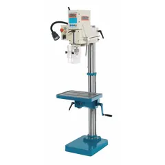 This floor stand drill press features a geared head drive and variable speed operation from 125 to 1,740 RPM. Powered by a 1-1/2 hp single-phase motor accepting 110V or 115V AC, it provides 10 in swing capacity for drilling and boring applications in metalworking and fabrication.