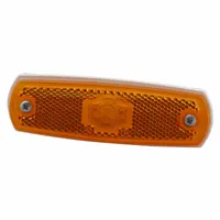 This LED clearance marker lamp features a rectangular amber lens with an SAE Lens Code A rating. It uses a screw mount and a male bullet connector for electrical connection. Typical applications include marking the width and height of trucks, trailers, and heavy equipment
