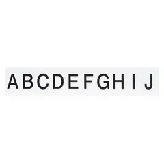This 25-piece character set includes black Gothic letters A to Z on white backgrounds. Designed for indoor/outdoor use, the non-reflective labels provide clear identification on equipment, bins, and signage. Each character is 1 inch high; the set is not self-spacing or aligning.