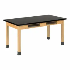 This fixed-height lab table features a black laminate countertop with an oak wood finish. With a 36-inch height and 5-foot length, it provides a stable work surface suitable for laboratory, educational, or industrial settings.