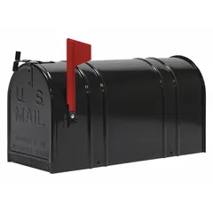 This single-unit mailbox is designed for horizontal mounting and features a single front door. With dimensions of 10 1/2 inches high by 8 inches wide by 21 inches deep, it is finished in black. Suitable for residential or light commercial applications where a non-lockable, front-access mailbox is acceptable.