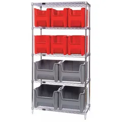QUANTUM STORAGE SYSTEMS Bin Shelving: 36 in x 18 in x 74 in, 1 Sided, 10 Bins, Open, Blue, 5 Shelves (MPN WR5-600800BL). Key specifications — Includes Bins: Yes; Bin Material: Polyethylene; Frame Color: Silver; Bin HxWxD: (6) 12-1/4 in x 10-7/8 in x 17-1/2 in; Frame Material: Steel; Bin Color: Blue; Bin Style: Hang and Stack; Brand: QUANTUM STORAGE SYSTEMS.