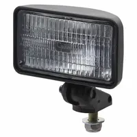 Flood incandescent work light with black housing and pedestal mount. Features blunt cut wires for universal electrical connection and removable installation. Suitable for area illumination on vehicles, trailers, and equipment during maintenance or loading operations