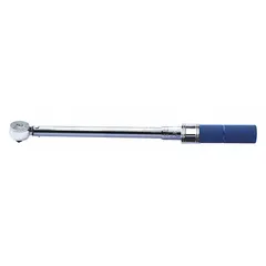 This ratcheting micrometer torque wrench has a 1/2 in square drive and a torque range of 20 ft-lb to 150 ft-lb. It is used for tightening fasteners to a specified torque value in automotive, industrial, and maintenance applications. The wrench provides dual-scale readings in foot-pounds and newton-meters.