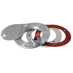 Aluminum latching exhaust port designed for doors up to 1/4 inch thick. Includes mounting hardware. Used in industrial and commercial door systems for controlled ventilation or pressure relief.