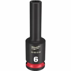 This 3/8" drive deep impact socket features a 6 mm metric size with a 6-point configuration and friction retention. Designed for use with impact wrenches, it is suited for fastening and loosening bolts and nuts in automotive, construction, and industrial maintenance tasks. The black phosphate finish provides corrosion resistance.