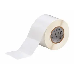 Thermal transfer precut label roll with rubber, aggressive permanent adhesive for bonding to rough or low-surface-energy materials such as plastic, rubber, and powder-coated metal. Halogen-free construction. Compatible with PR Plus printer series. Suitable for industrial identification including asset tagging, cable marking, and safety labeling.