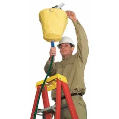 This pipe leak diverter is constructed of yellow PVC with a polyester/PVC material. It uses straps for mounting around overhead pipes to divert drips and spills away from equipment and walkways, helping contain leaks in industrial environments.