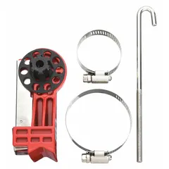 This permanent-mount lockout device is designed for quarter-turn ball valve handles. It accommodates pipe sizes from 1/2 in to 2 in, providing a secure means to isolate energy sources during maintenance and prevent accidental valve operation in industrial lockout/tagout procedures.