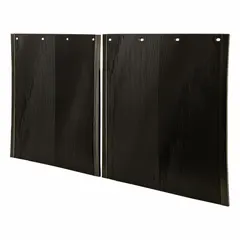 Pair of black polymer mud flaps for rear vehicle placement. Each flap measures 24 inches tall by 24 inches wide with a 5/16 inch thickness. Designed to reduce road spray and debris thrown from truck wheels.