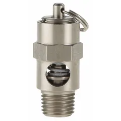 Soft seat pneumatic safety valve with 1/4 in male NPT inlet, preset at 125 psi. Features a stainless steel body and internals with a Viton seal. Used for overpressure protection in pneumatic systems.