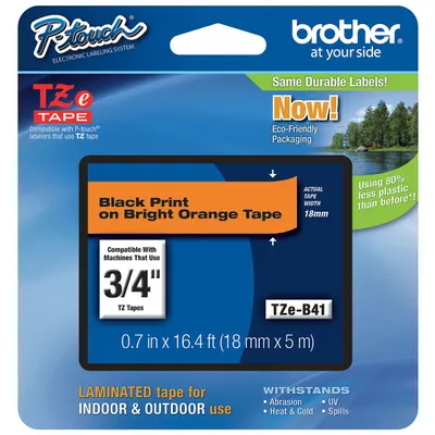 Brother TZEB41G PET Fluorescent Orange Laminated Label Cartridge - Brother Thermal Transfer Continuous Label Roll Cartridges
