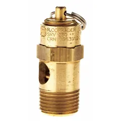 Brass-bodied safety valve with silicone soft seat for overpressure protection in pneumatic systems. Features 3/8 in (M)NPT inlet and 3/8 in (F)NPT outlet. Suitable for air and gas applications requiring reliable pressure relief.