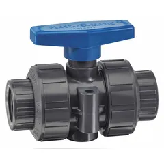 This PVC ball valve features a straight body with full port ball port for minimal pressure drop. It has FNPT x FNPT connections and a lever handle for manual operation. Suitable for on/off or flow control in corrosive fluid handling systems.