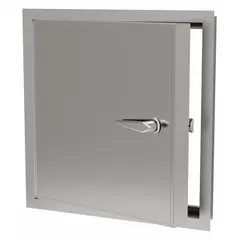 This steel access door is designed for wall mounting in exterior applications, providing secure latching access to mechanical, electrical, or plumbing systems. It features a continuous piano hinge and an exposed flange for flush installation. The 24-gauge steel construction with a mill gray finish suits industrial, commercial, and institutional environments.