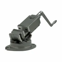Smooth face vise with 5 in max jaw opening and 1 1/2 in throat depth. Designed for 2-axis tilting to secure workpieces at compound angles in milling, drilling, and grinding operations.