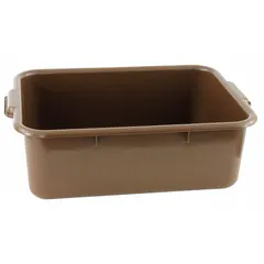 This brown plastic bus tub from CRESTWARE measures 22 1/2 inches long, 15 1/2 inches wide, and 7 inches high. It is NSF Certified for sanitation standards. Commonly used in commercial kitchens and foodservice operations for collecting, transporting, and storing dirty dishes, utensils, and food waste.