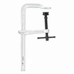 Bar slide-type clamp with swivel pad and sliding T handle for quick adjustments. Maximum jaw opening of 12 inches and clamping force of 2,660 lb. Suitable for woodworking, metal fabrication, and assembly tasks requiring secure workpiece holding.