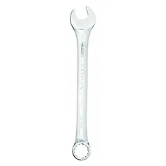 This 15 mm metric spline combination wrench features an offset design and a chrome finish. It is constructed from alloy steel with an overall length of 7 3/4 inches. Suitable for tightening or loosening fasteners in industrial maintenance, assembly, and repair tasks.