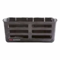 Plastic utility storage bin designed for wall-mount track systems. Measures 16.6 inches by 7.6 inches by 9.7 inches with a 25-pound load capacity. Includes mounting hardware. Suitable for organizing tools, parts, and supplies in workshops or industrial settings