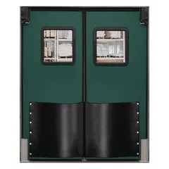 This insulated swinging door features two 8 ft wide by 8 ft high doors in green polyethylene with an included polycarbonate window. It meets NSF standards and comes with door seals, bumpers, and mounting hardware. Suitable for separating temperature-controlled zones in food processing, cold storage, and industrial facilities.