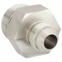 This rigid, straight steel adapter connects a male ORB (O-Ring Boss) port to a male JIC (Joint Industry Council) flare fitting. It is used in hydraulic systems for leak-free fluid transfer under pressure, typical in industrial machinery and mobile equipment. Fitting size: 3/4 in x 1/2 in