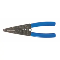 This multifunction wire stripper is designed for solid wire, stripping 22 to 10 AWG and crimping and cutting 32 to 4 AWG. It features a standard cushion grip and an 8 mm to 7 mm range. Suitable for electrical wiring, panel building, and maintenance tasks.