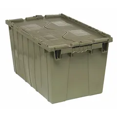 This 16.5-gallon plastic tote features a two-piece attached lid and gray body. Dimensions are 25 3/8 in x 16 1/4 in x 13 3/4 in. Suitable for organizing and storing parts, tools, and supplies in warehouses, workshops, and manufacturing facilities.