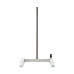 This lab support stand with rod features an H-shaped base for stable mounting of clamps, burettes, and sensors. Overall dimensions: 17 in length, 18 in width. Suitable for titration, distillation, and general laboratory setups.